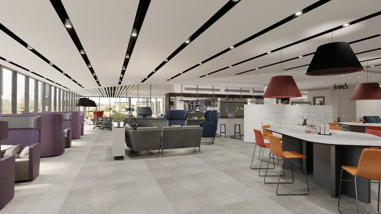 A generous sized bistro style café sited almost central to the ground floor collaboration zone creates multifunctional zones that can form one capacious space for company gatherings and client functions.